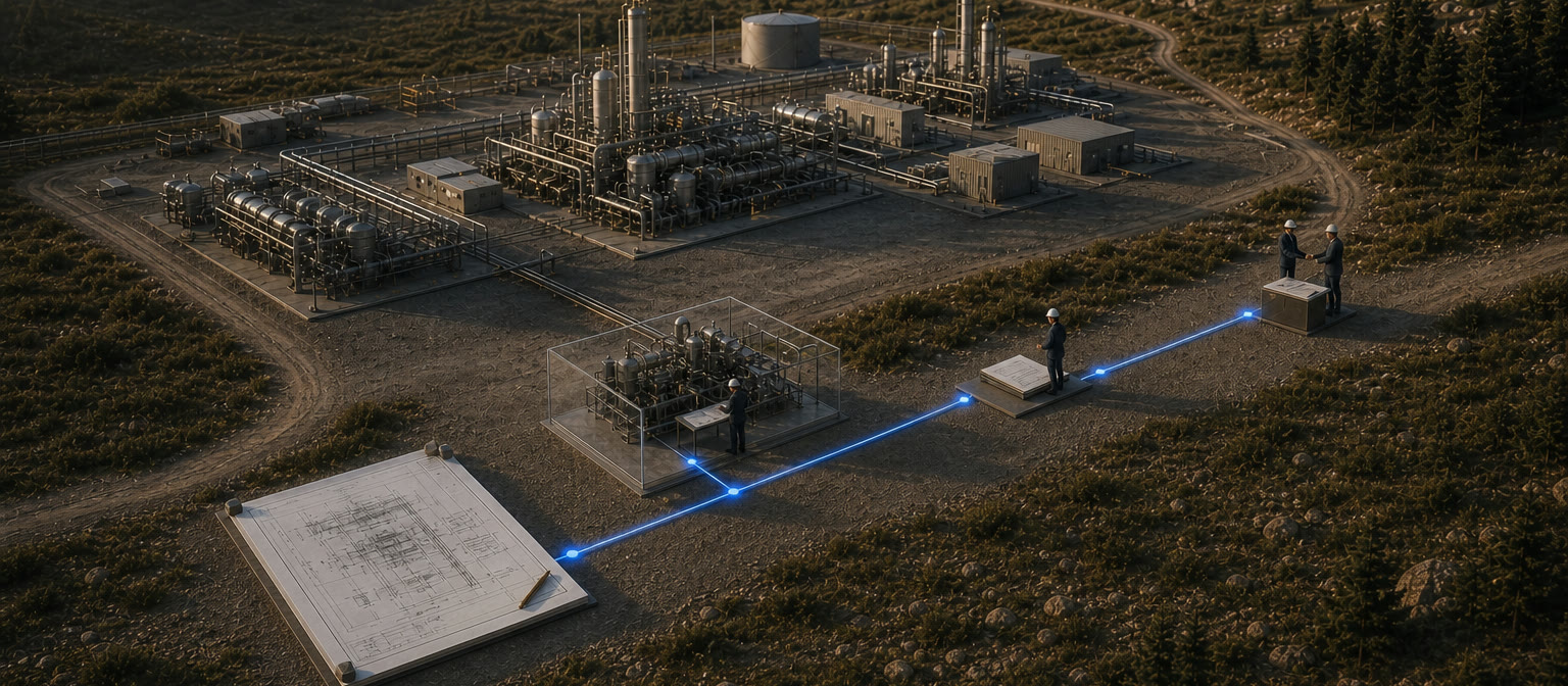 Engineering records moving through review, field issue, and owner handover around a compressor station.