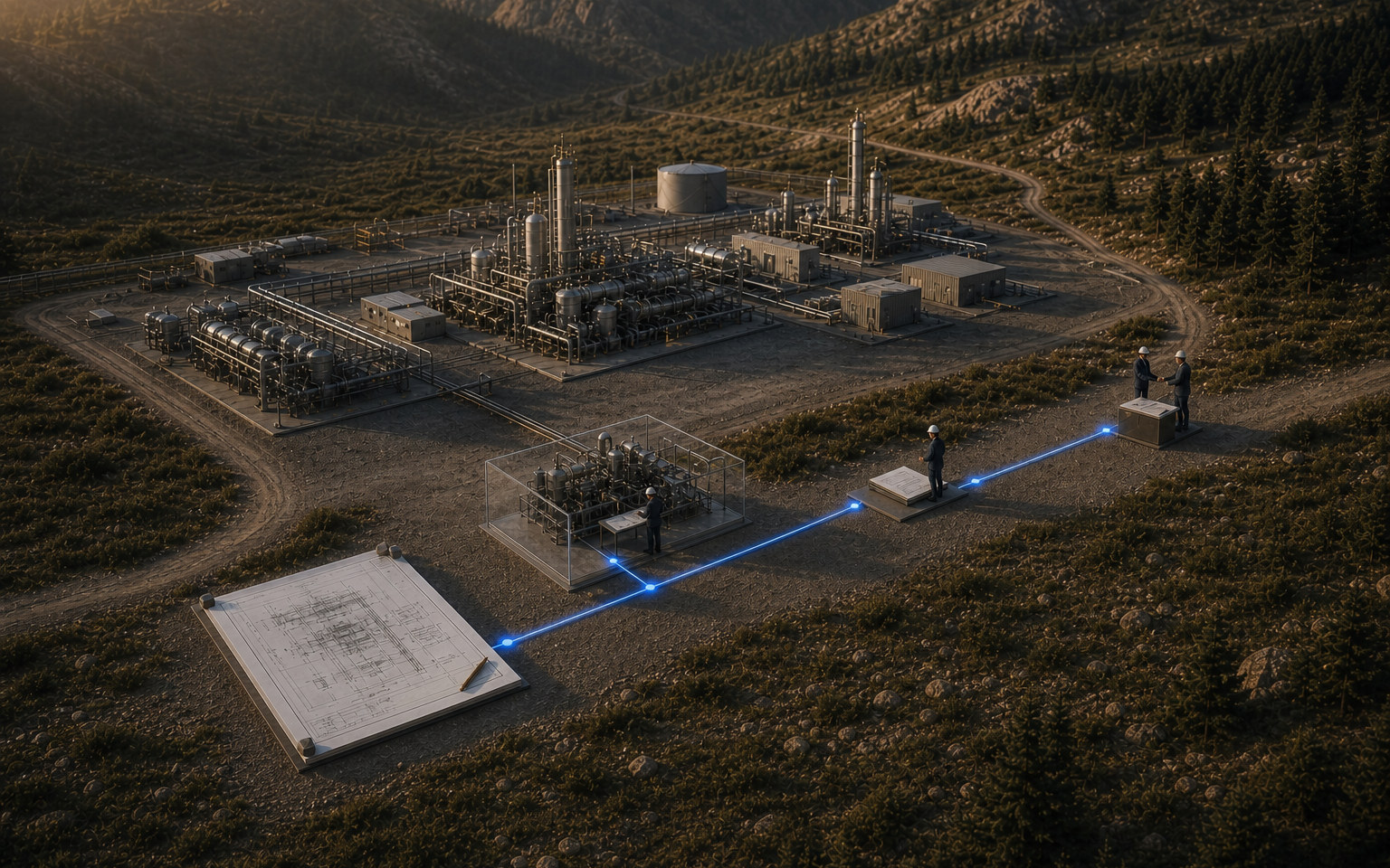A compressor station with one engineering record moving through review, field issue, and owner custody.