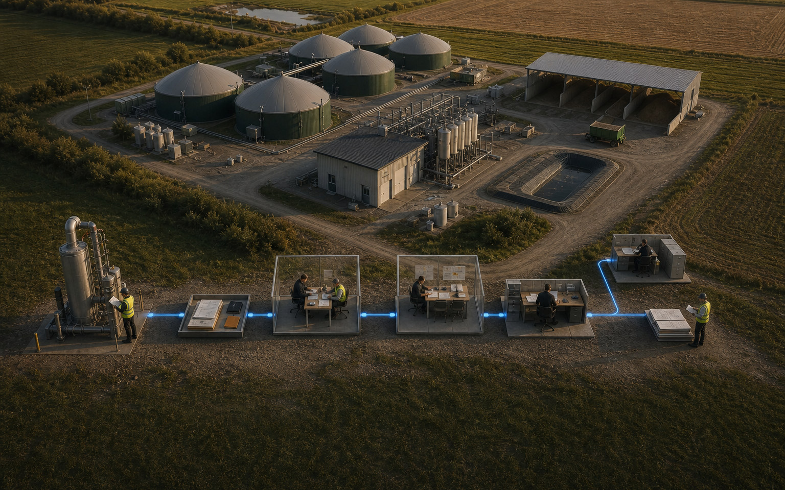 A field observation moving through visible review and exception gates to a reliable operating record.
