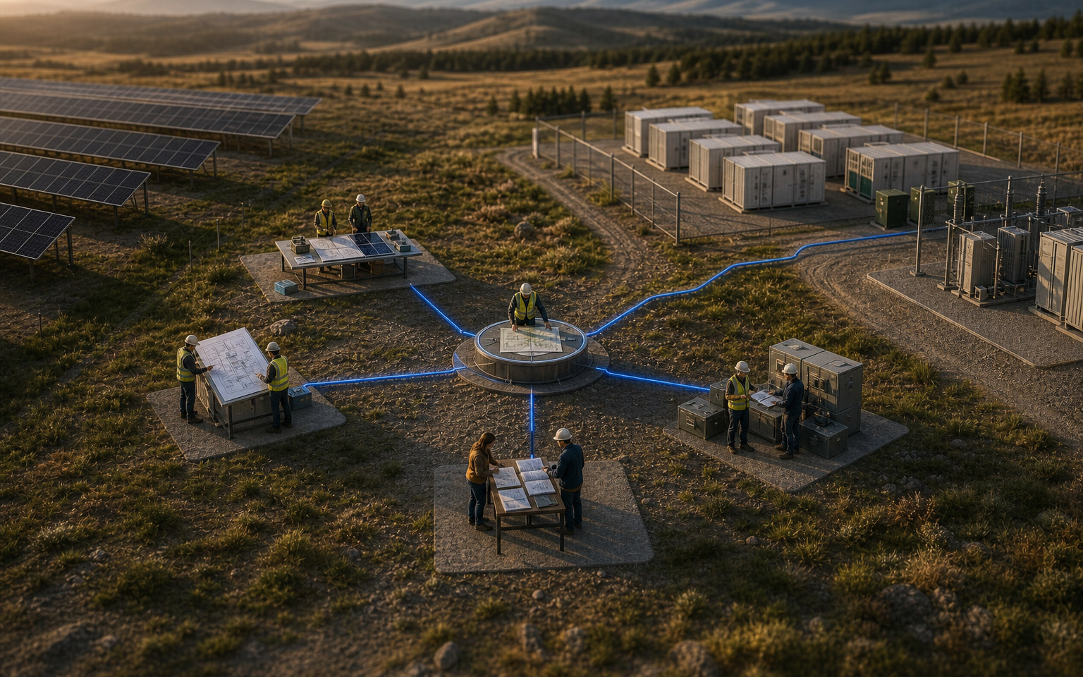 Role-based paths from asset work zones converging on one governed collaboration destination.
